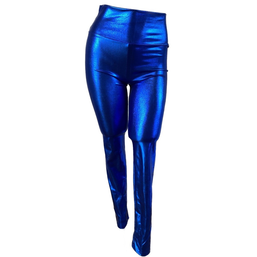 Shine Liquid Metallic Blue - High Waist Stretch Leggings Pants